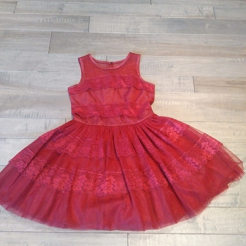 Girls Dress Floral Red Lace
